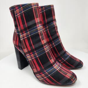 J. Renee Barbet Heeled Booties Women 8M Plaid Red Black Blue Block Heel Side Zip